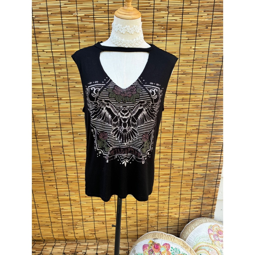 Rebel Society Womens XL Black Wild & Free Eagle Floral Cutout Graphic Tank Top